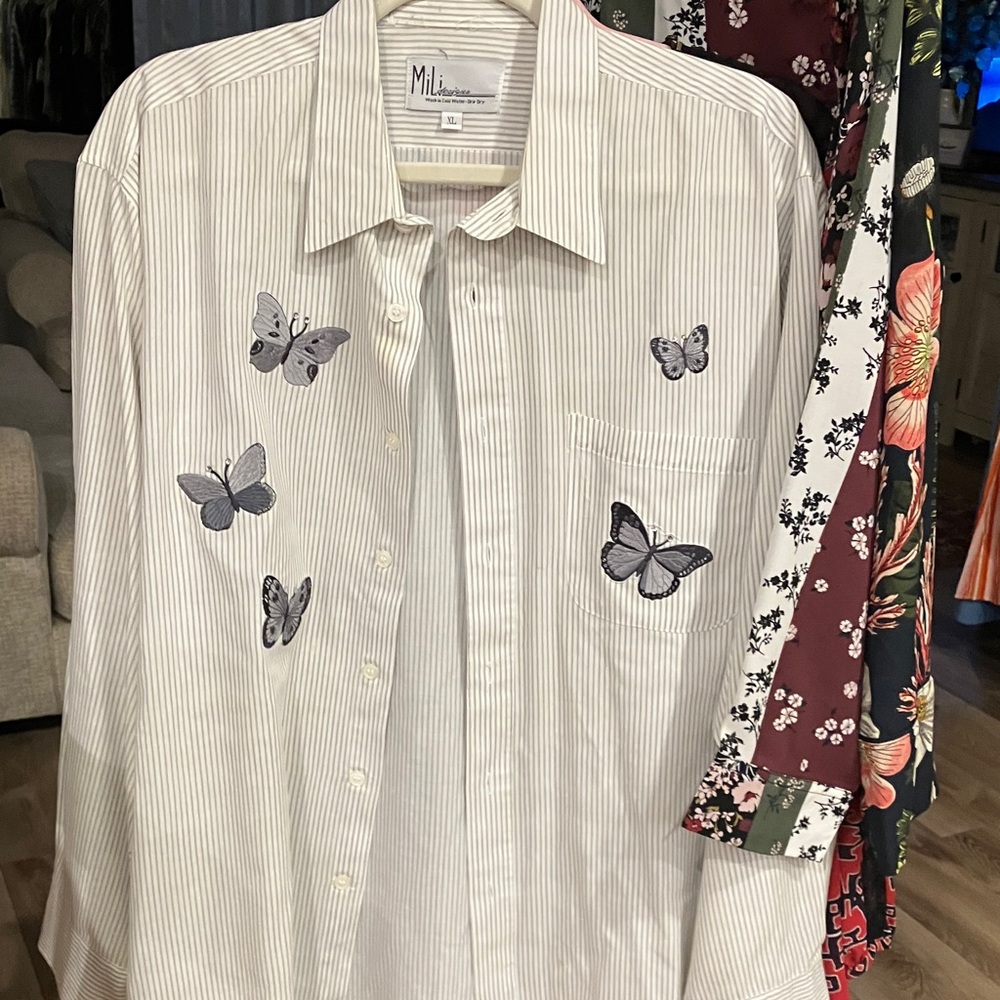 White Pinstripe Shirt with Butterfly Embroidery